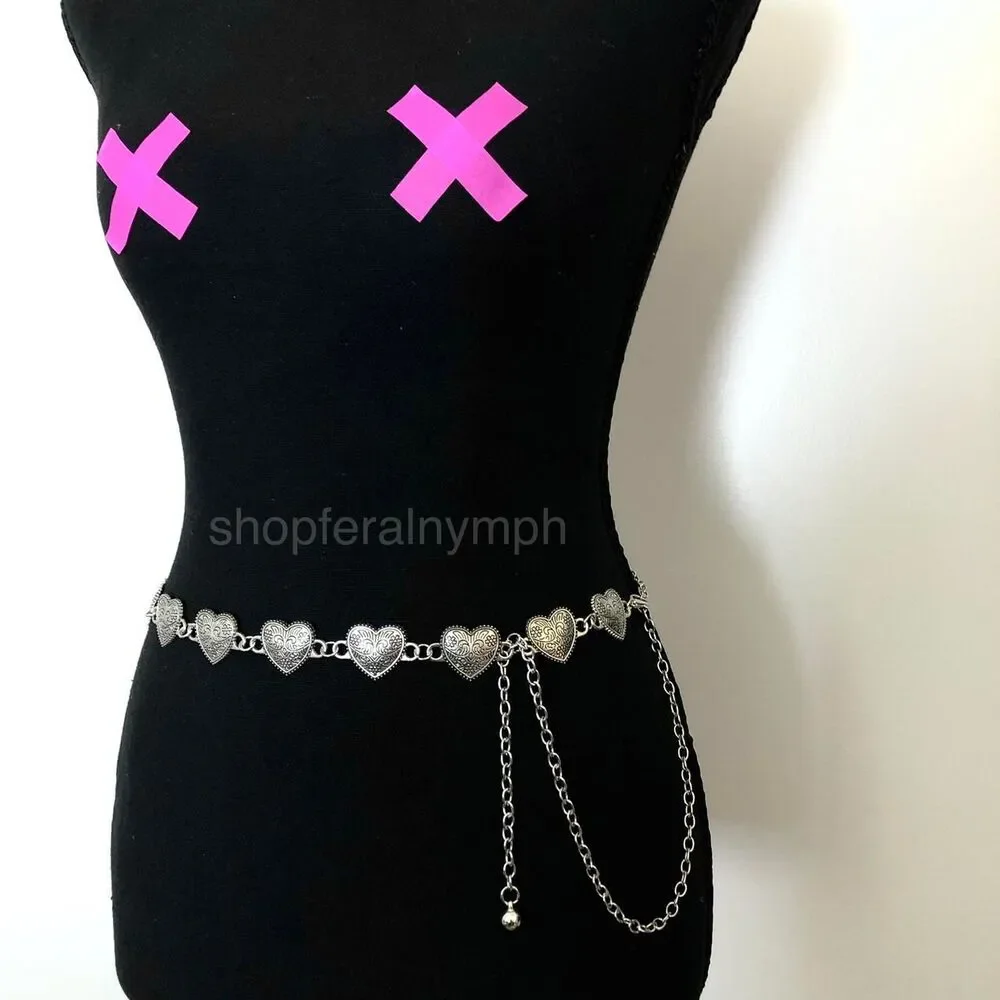 Vintage Y2K Ornate Silver Heart Chain Belt, Fits 13.5–44.5 Inches, X7GA1223